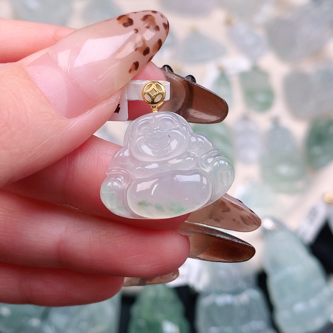 翡翠颈饰18K金镶嵌飘花佛18.6、24、4