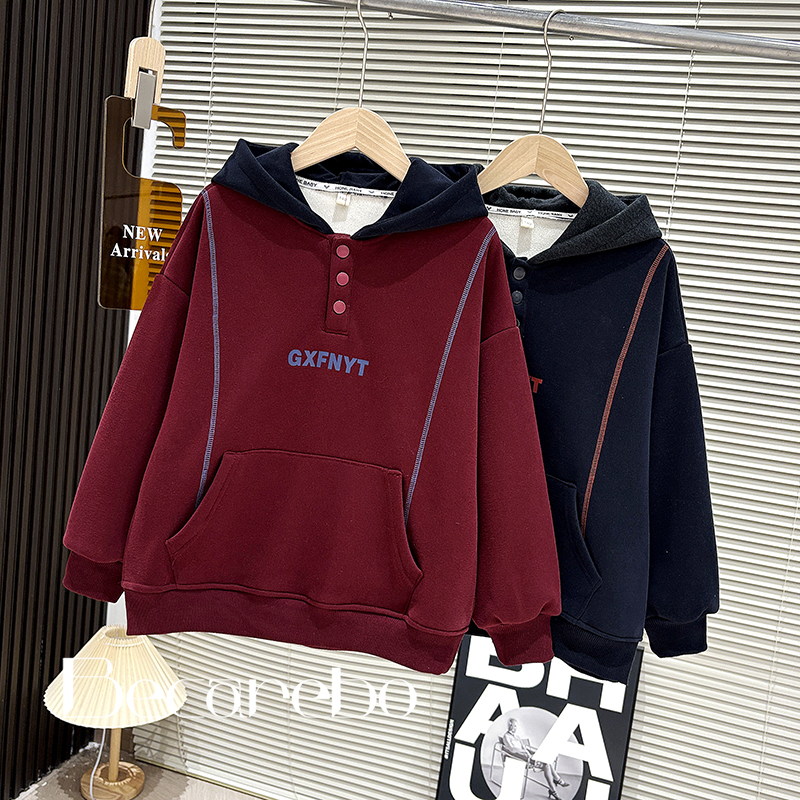 青少年男童红色卫衣儿童秋冬中大童男孩冬装加绒保暖马年服打底衫