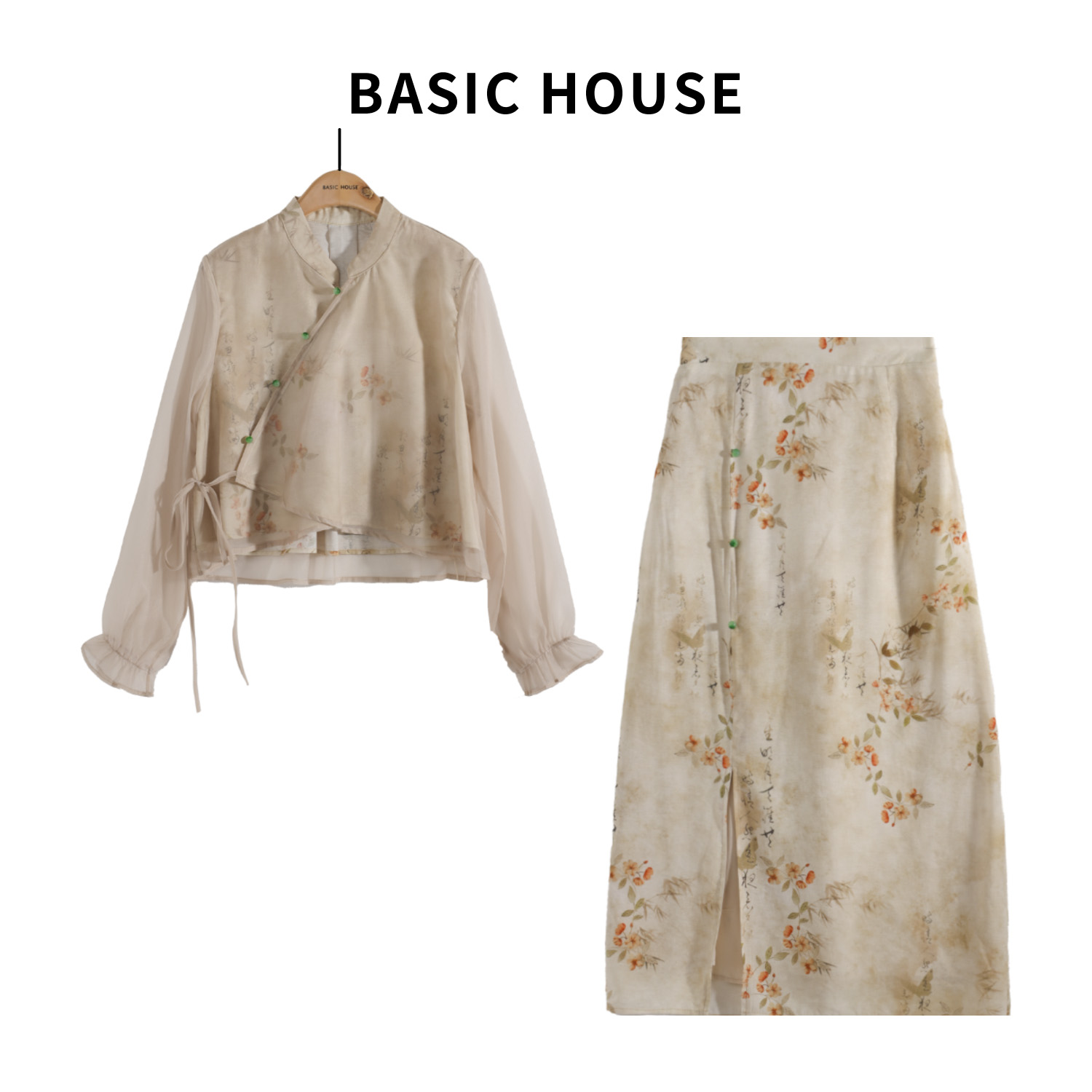 Basic House/百家好春夏气质复古印花新中式连衣裙套装G962