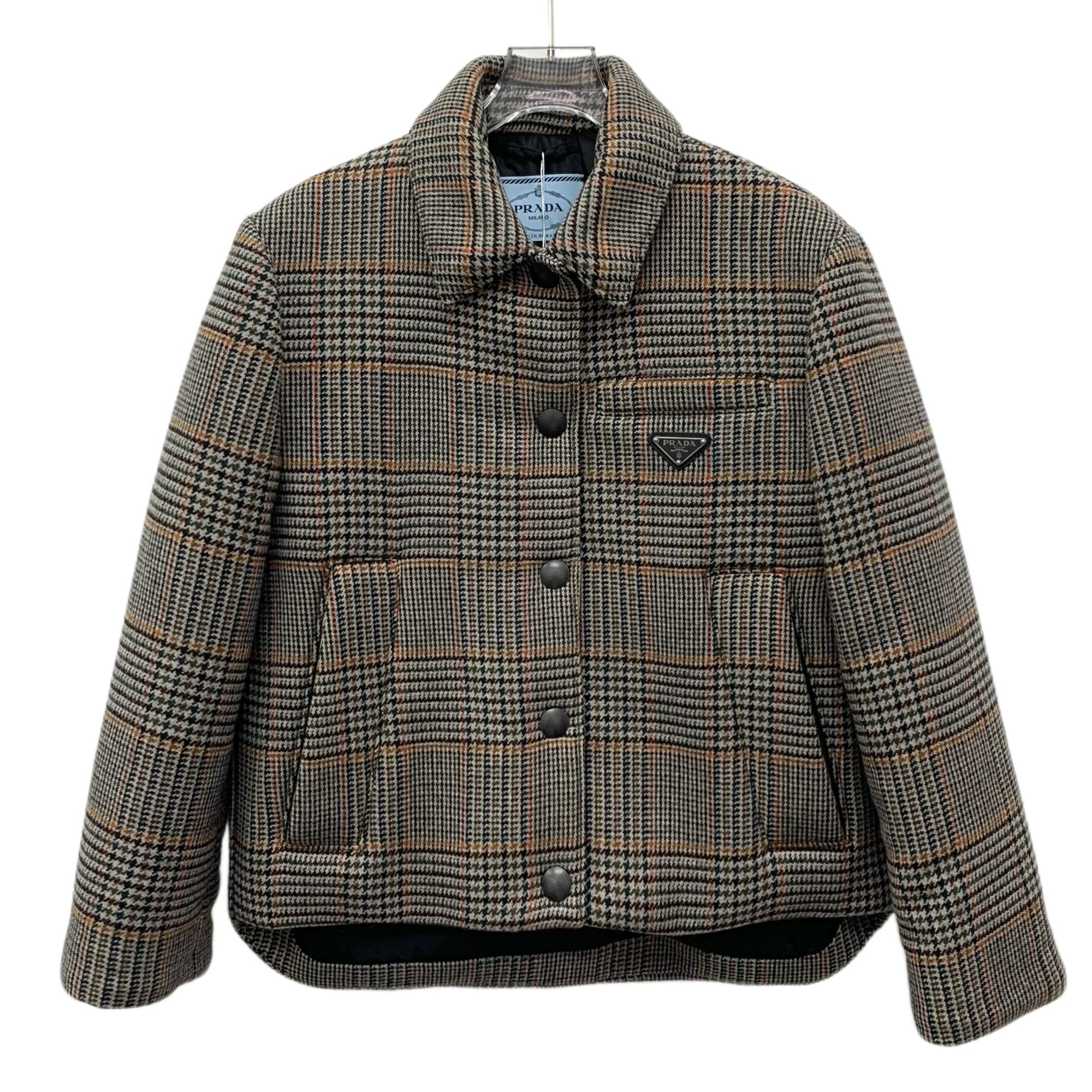 99新 Prada/普拉达 JW0459 拼色千鸟格三角标棉服夹克外套 38 S码