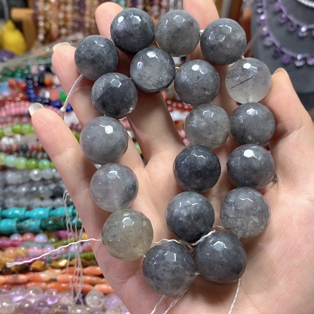 玛瑙/玉髓足银镀金镶嵌珠宝半成品烟晶蹦迪珠一条卡20mm