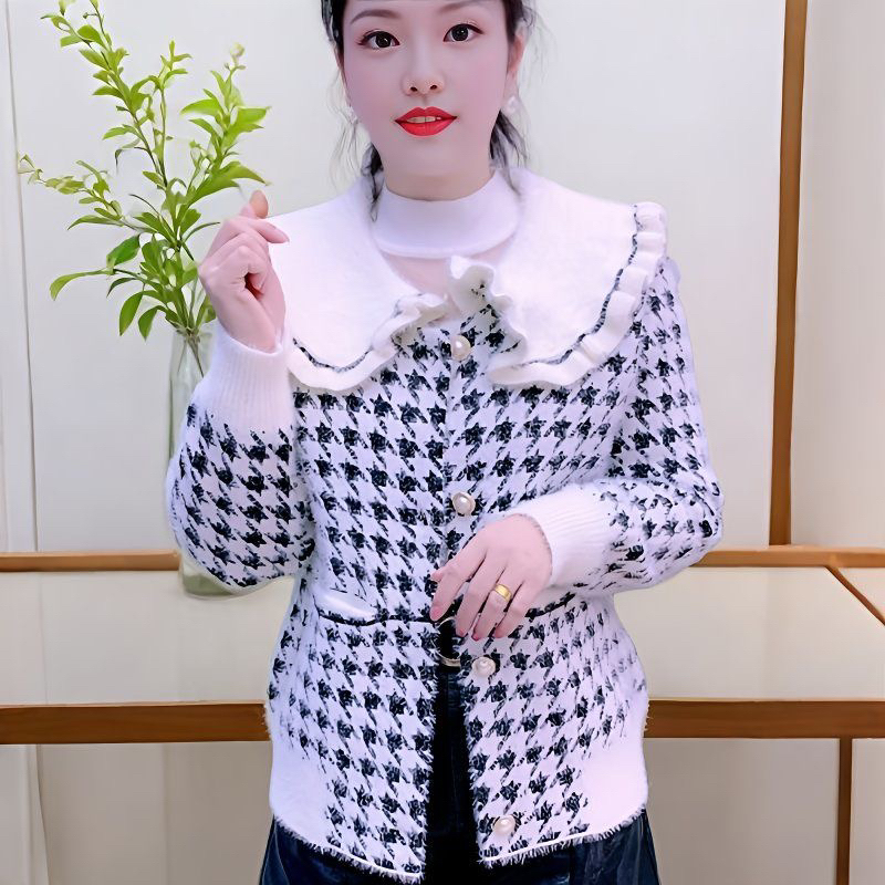 娃娃上衣仿水貂外套女小个子2025秋冬新款时尚千鸟针织短款开衫女