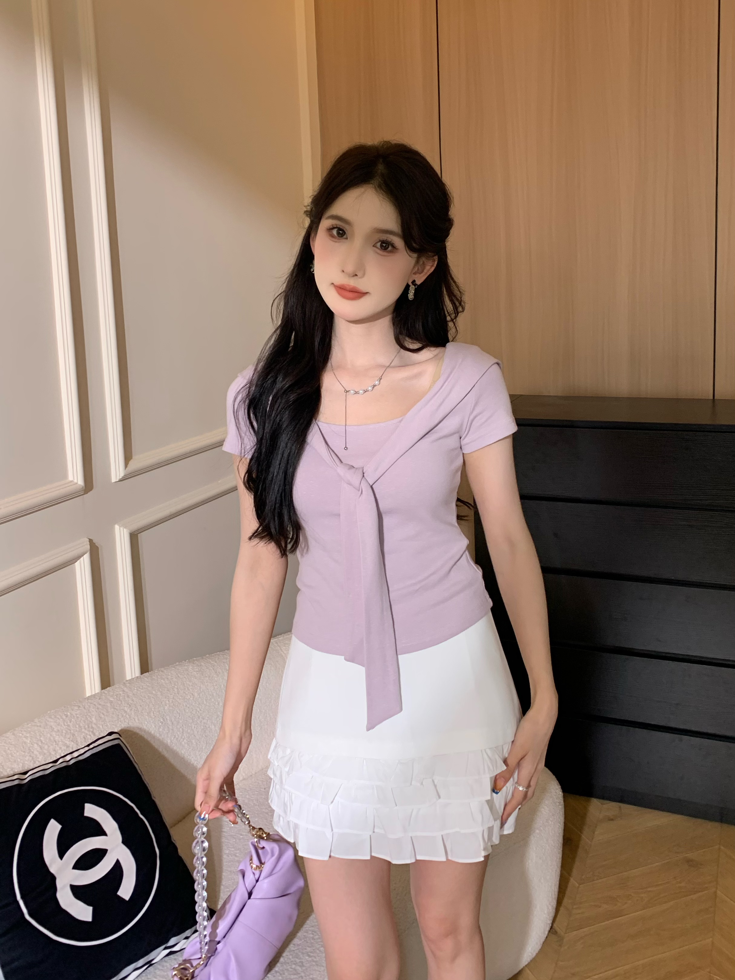 SHAOER【夏日游记】欧阳喜【淡紫韵味】裙显瘦短袖方领气质法式上衣