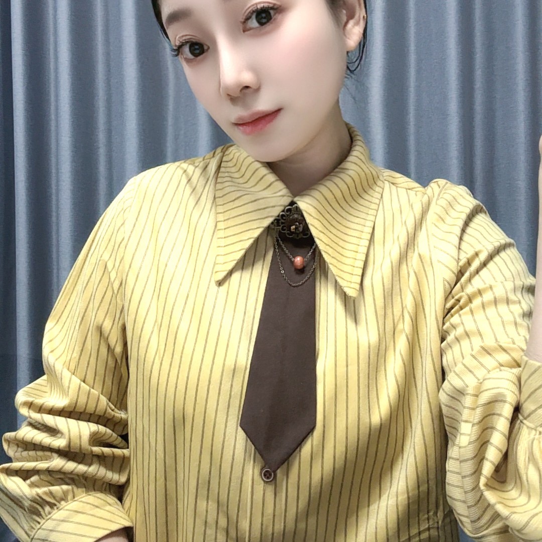 复古竖条纹长袖衬衫秋冬法式翻领设计感宽松气质衬衣时尚百搭