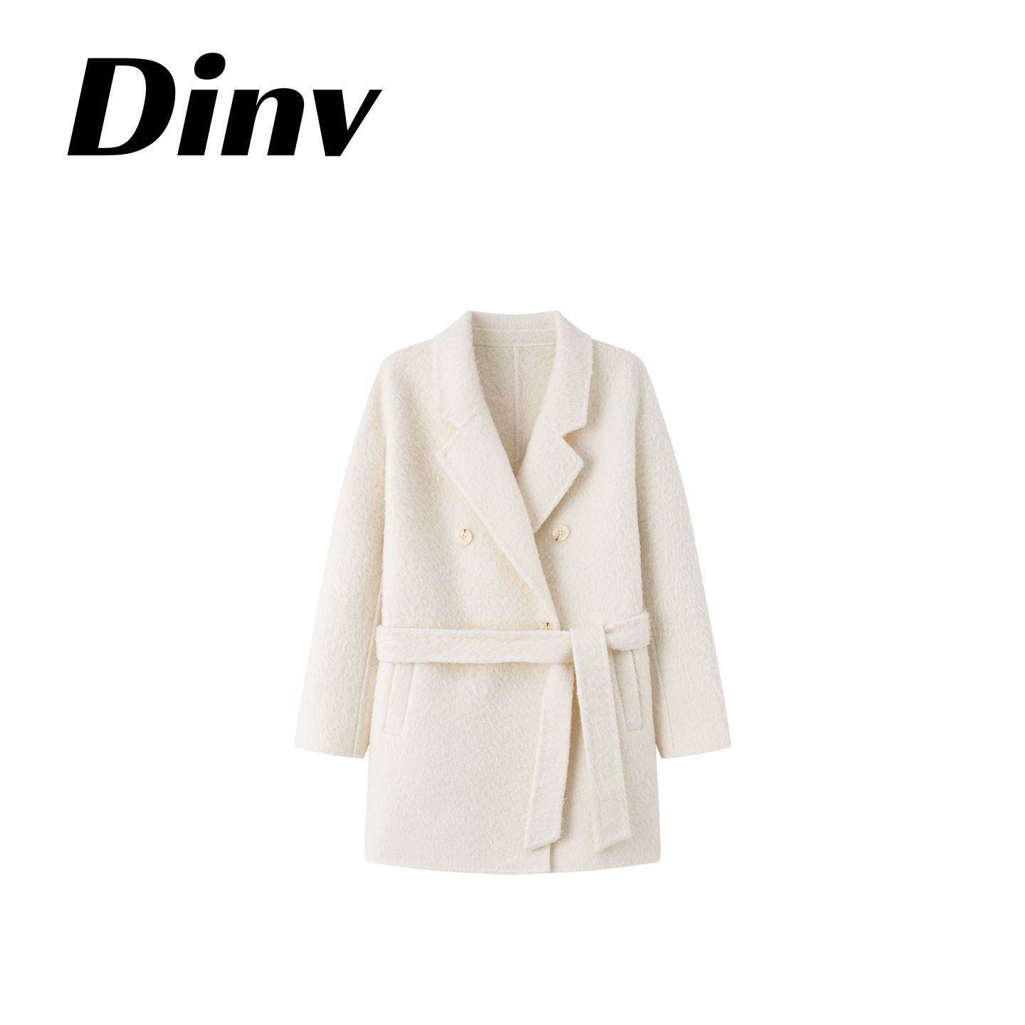 Dinv/致经典_蓬松云朵感羊驼8O1经典白色双面呢大衣羊毛呢外套