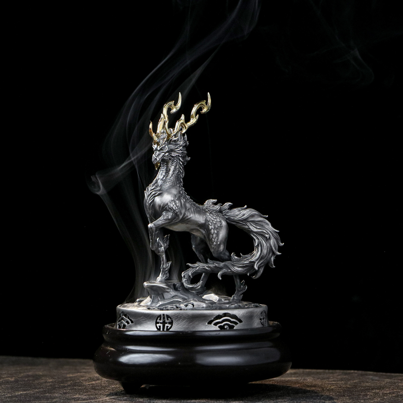 欲山行 纯银镀金麒麟香炉茶周边黄铜底座银香炉手工家用创意摆件