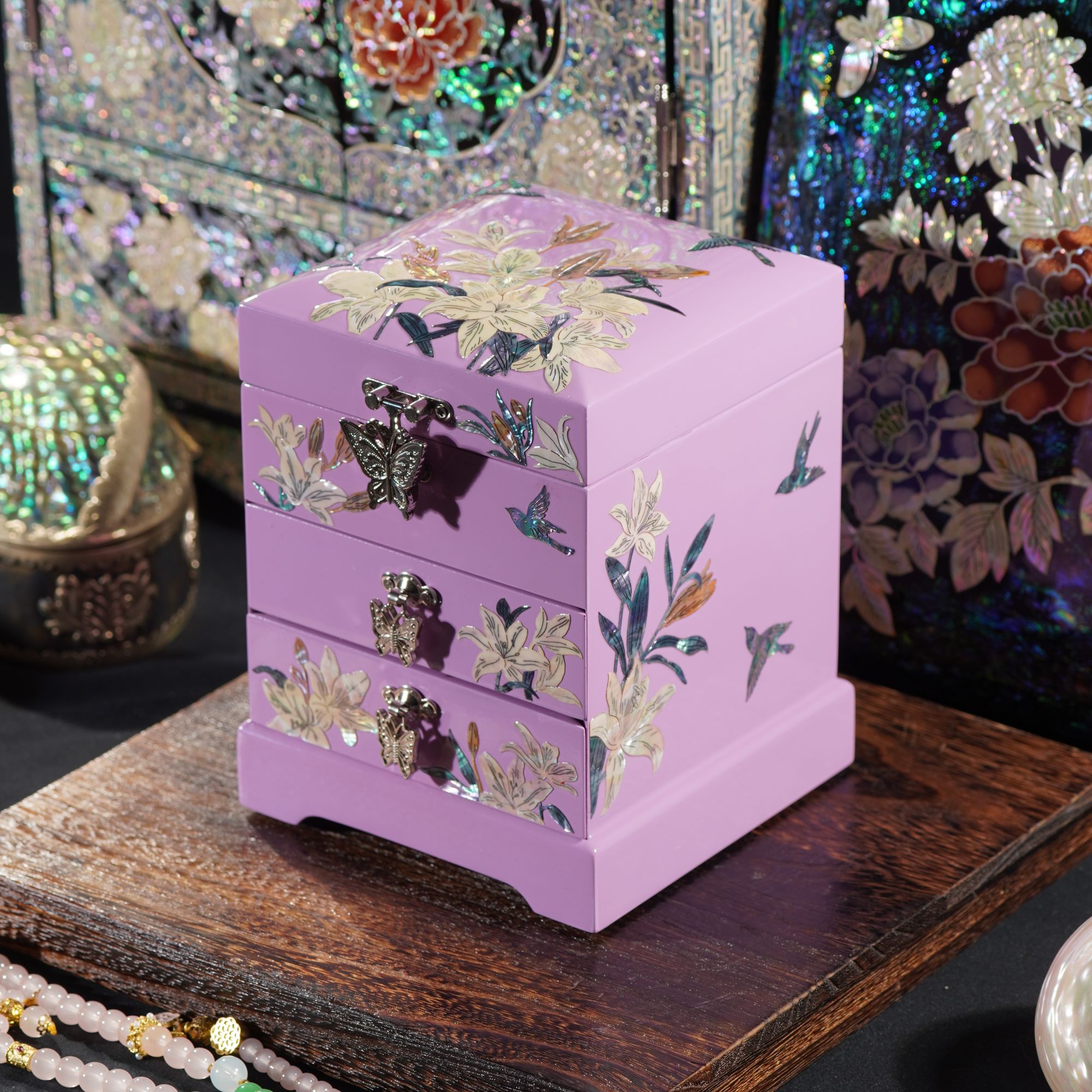多层紫色百合花满贝螺钿漆器首饰盒高档实木结婚礼物陪嫁礼品收纳