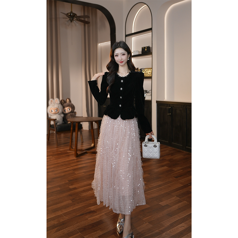 【滋滋定制】秋冬新款法式时尚气质高腰拼接显瘦长裙连衣裙45474