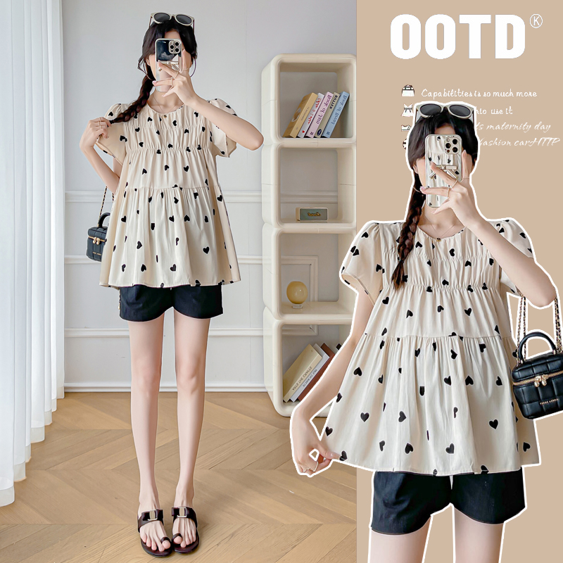 现货新款孕妇夏宽松显瘦爱心时尚百搭甜美减龄潮妈T恤