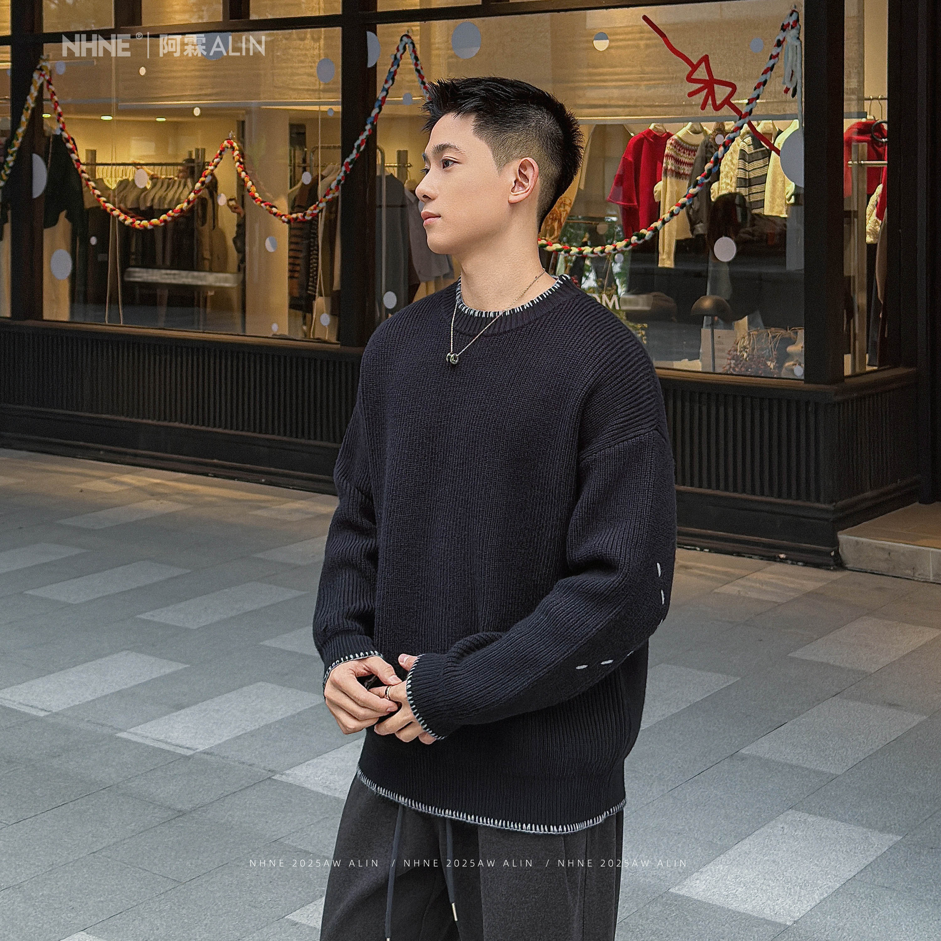 NHNE「明线织衣」韩版撞色拼接设计款秋冬宽松潮流百搭圆领针织毛衣