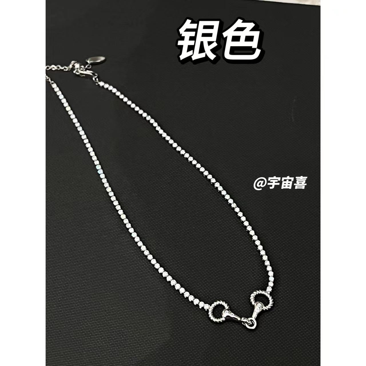铜合金锆石项链 H5-054爆闪锆石麻花马蹄扣可抽拉颈链【银色】