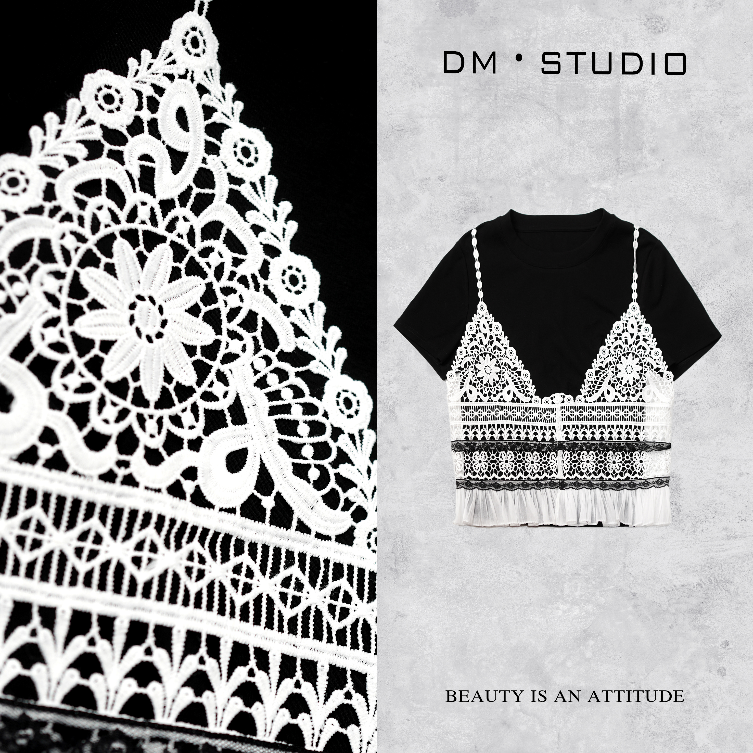 DEDM•STUDIO/精致小众设计静奢两件镂空蕾丝T恤（2503TX/16938）