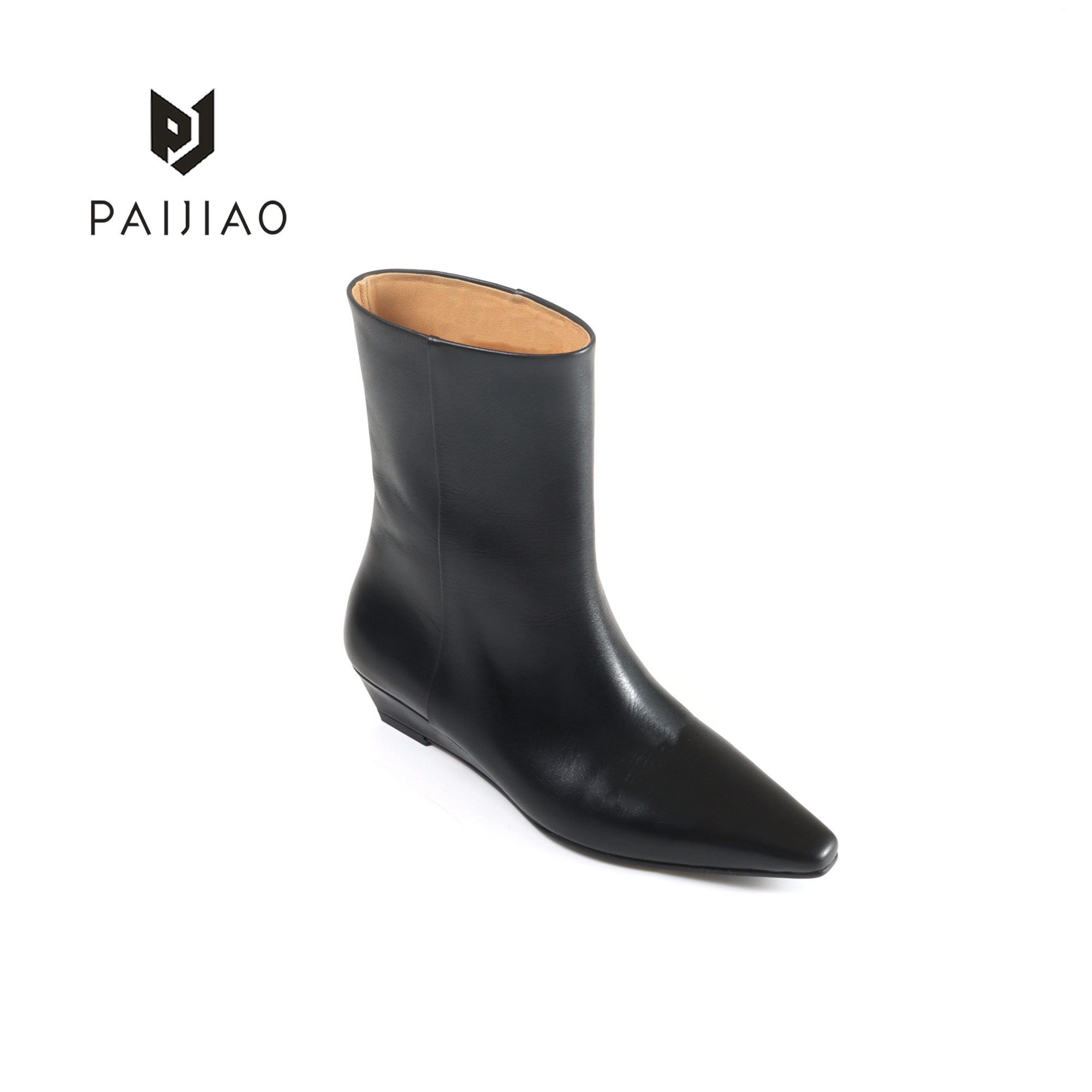 秋冬尖头坡跟牛皮季轻奢风极简风短靴高跟中筒靴女靴XC1111-9
