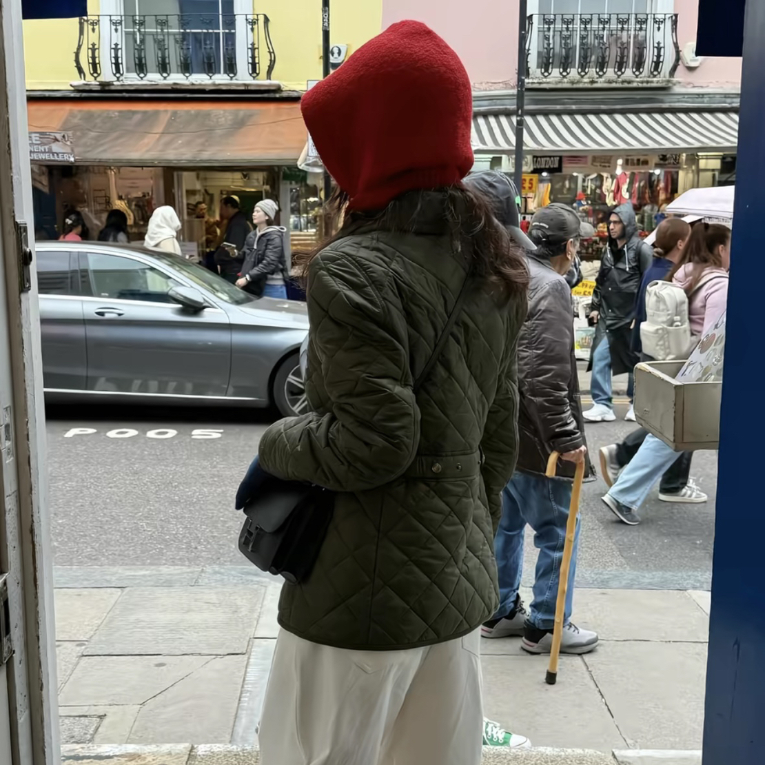 军绿色翻领单排扣网格薄棉服女士秋冬老钱风绗缝保暖通勤上衣