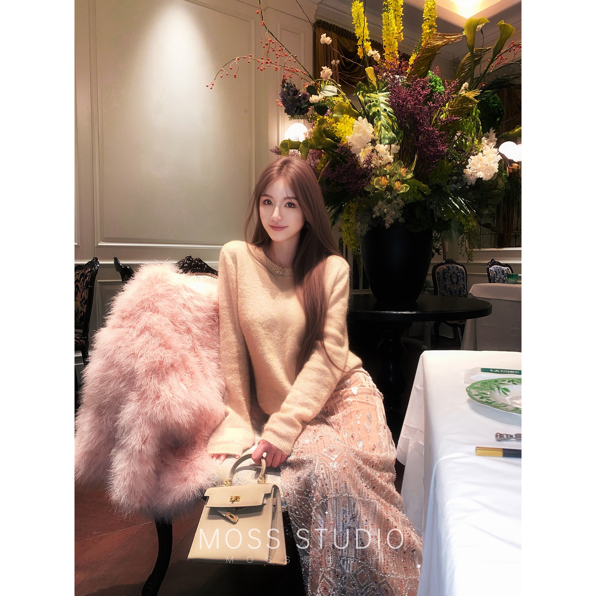 MOSS STUDIO【镜花盈】法式浪漫重工钉珠刺绣丝绒半裙女