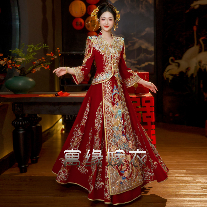 新款秀禾服2025奢华立体剪裁出阁服结婚嫁衣七分袖钉珠中式敬酒服