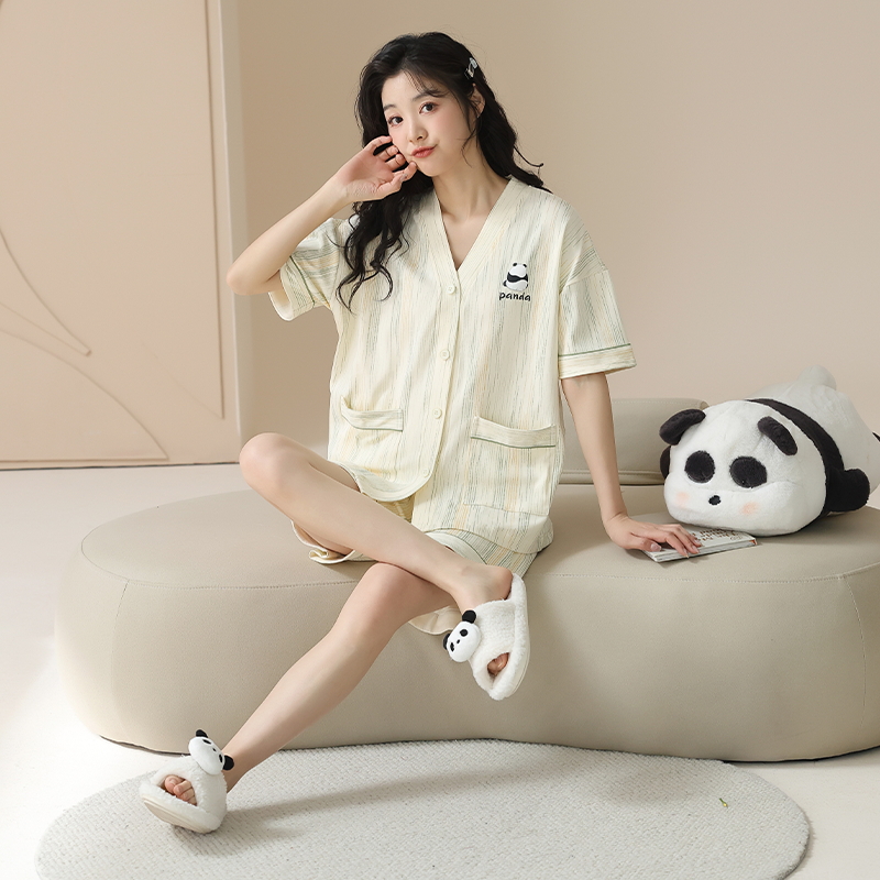 女士纯棉薄款短袖夏季甜美睡衣时尚休闲短裤卡通家居服和服套装