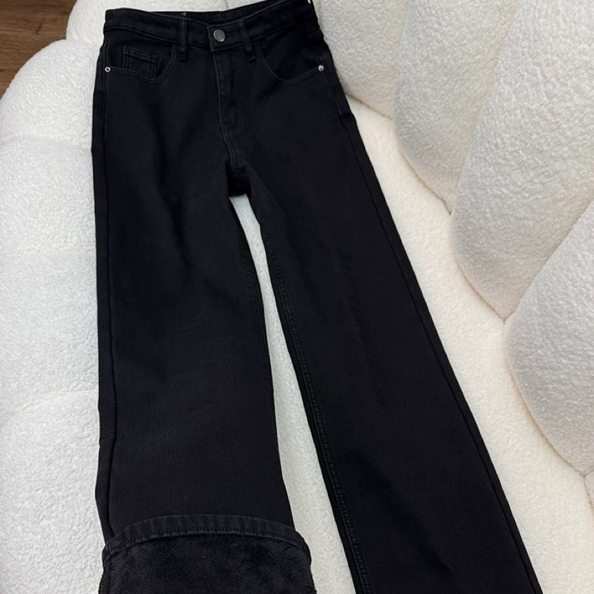 2025高腰显瘦加绒加厚黑色直筒牛仔裤8806