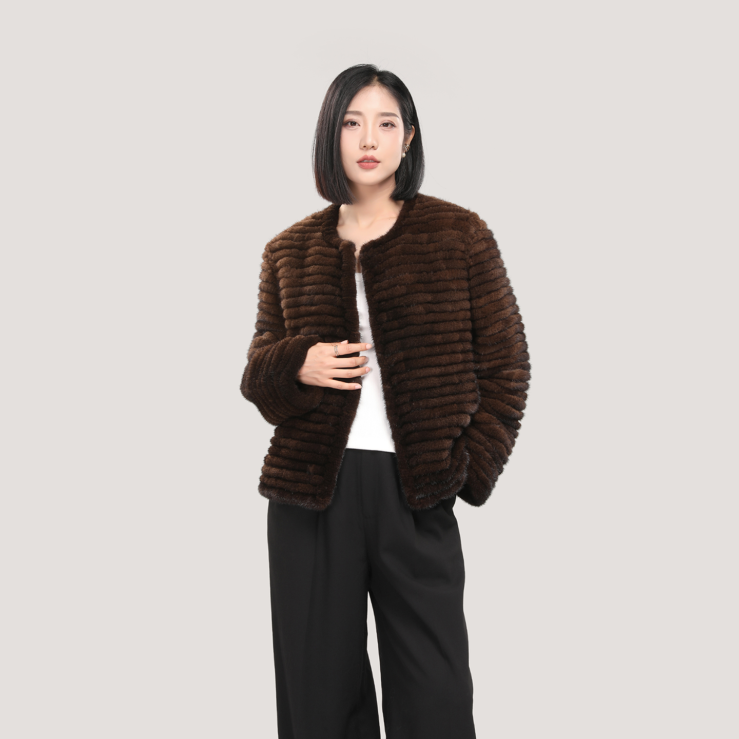 燕子家水貂外套横纹编织貂上衣女士保暖貂毛衣服加厚貂绒宽松慵懒