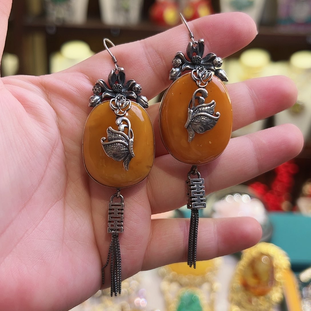 琥珀耳饰银S925镶嵌古风