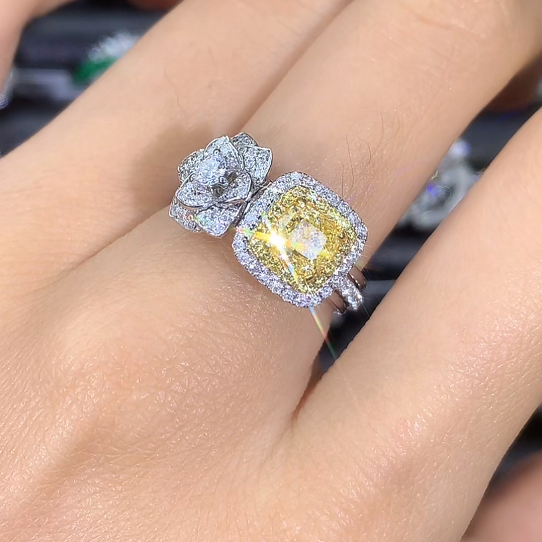 18k金黄钻戒指设计款GIA证书 豪华镶嵌戒指 伯爵花玫瑰花黄钻戒指