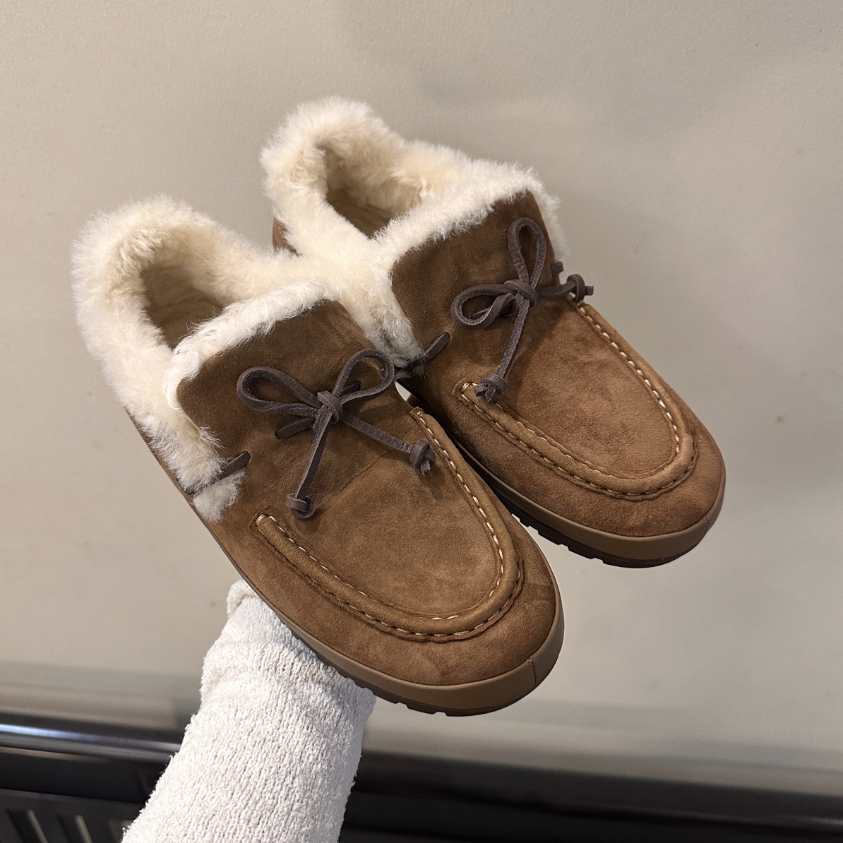 老钱棕豆豆鞋 意式乐福羊皮毛一体雪地鞋保暖毛毛鞋