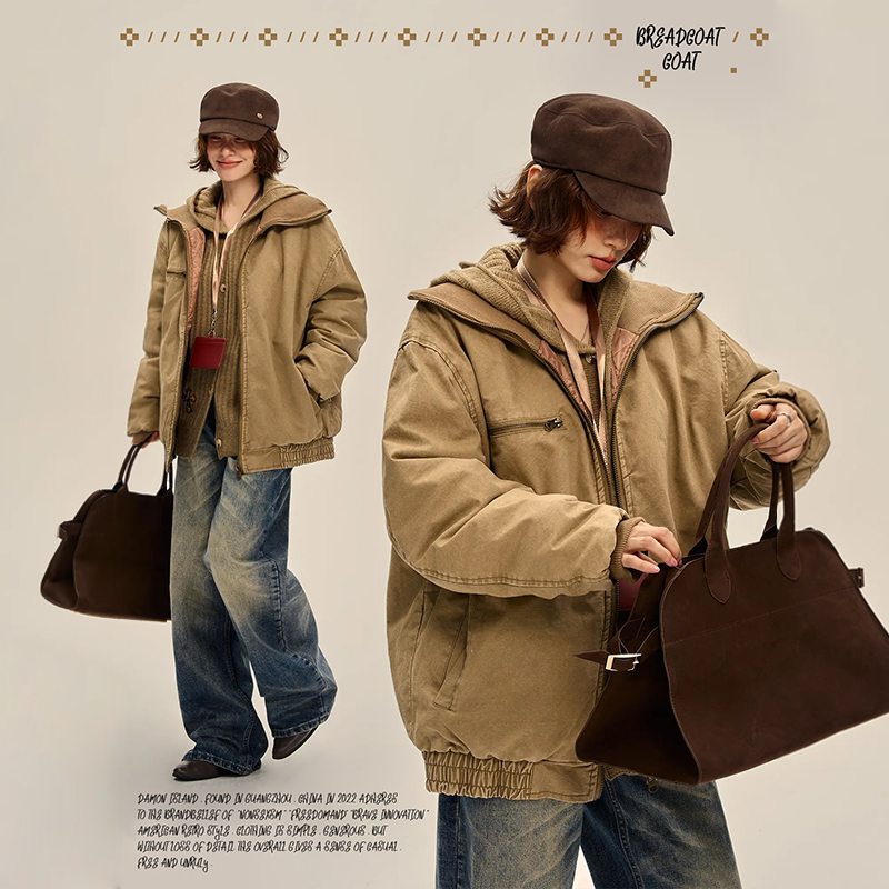 达蒙岛美式复古冬季螺纹翻领做旧棉服棉衣男女保暖加厚面包服外套