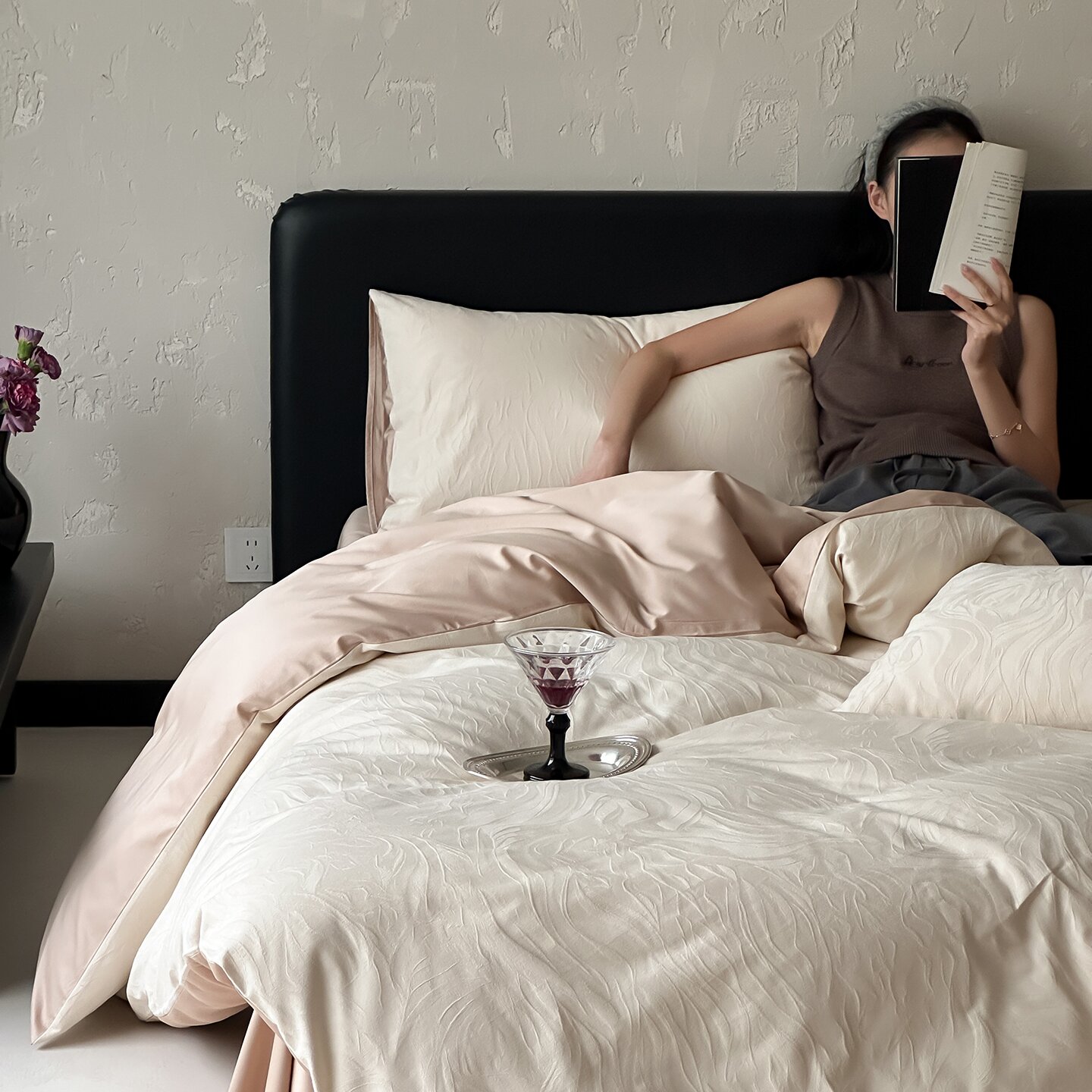 水星高端系列家纺雨露~100S长绒棉色织大提花四件套全棉超柔被套