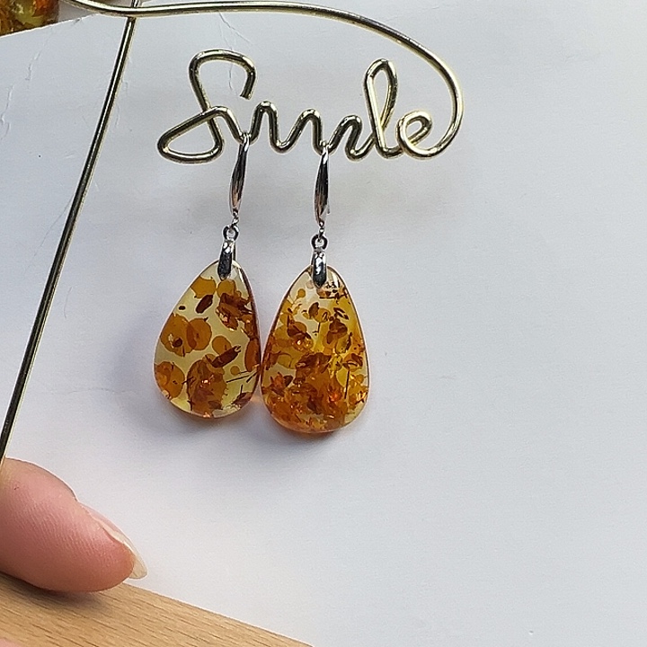 琥珀（花珀）银S925镶嵌耳饰