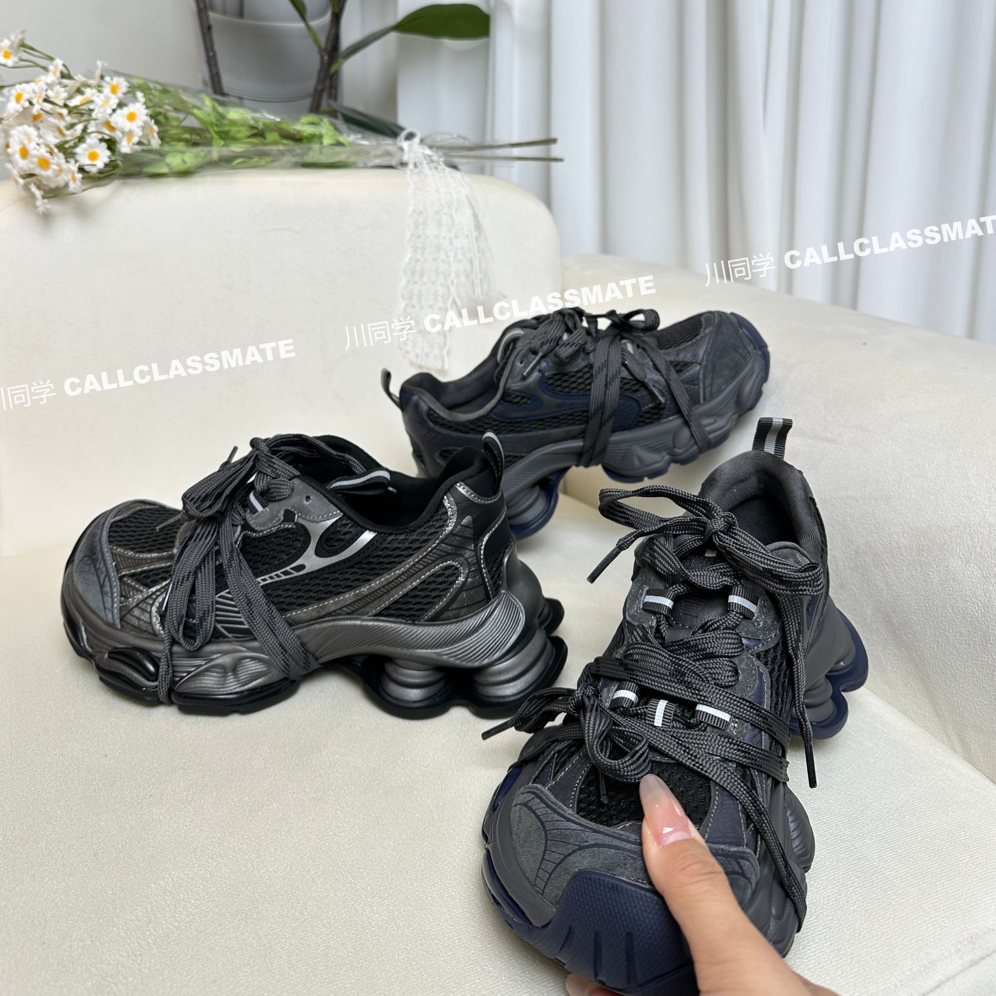 【川同学】真皮时尚厚底老爹鞋女2025秋新款网面软底增高运动休闲鞋