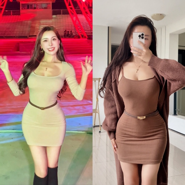 燃燃家加绒包臀连衣裙法式方领带胸垫弹力收腰长袖连衣裙吊带短裙