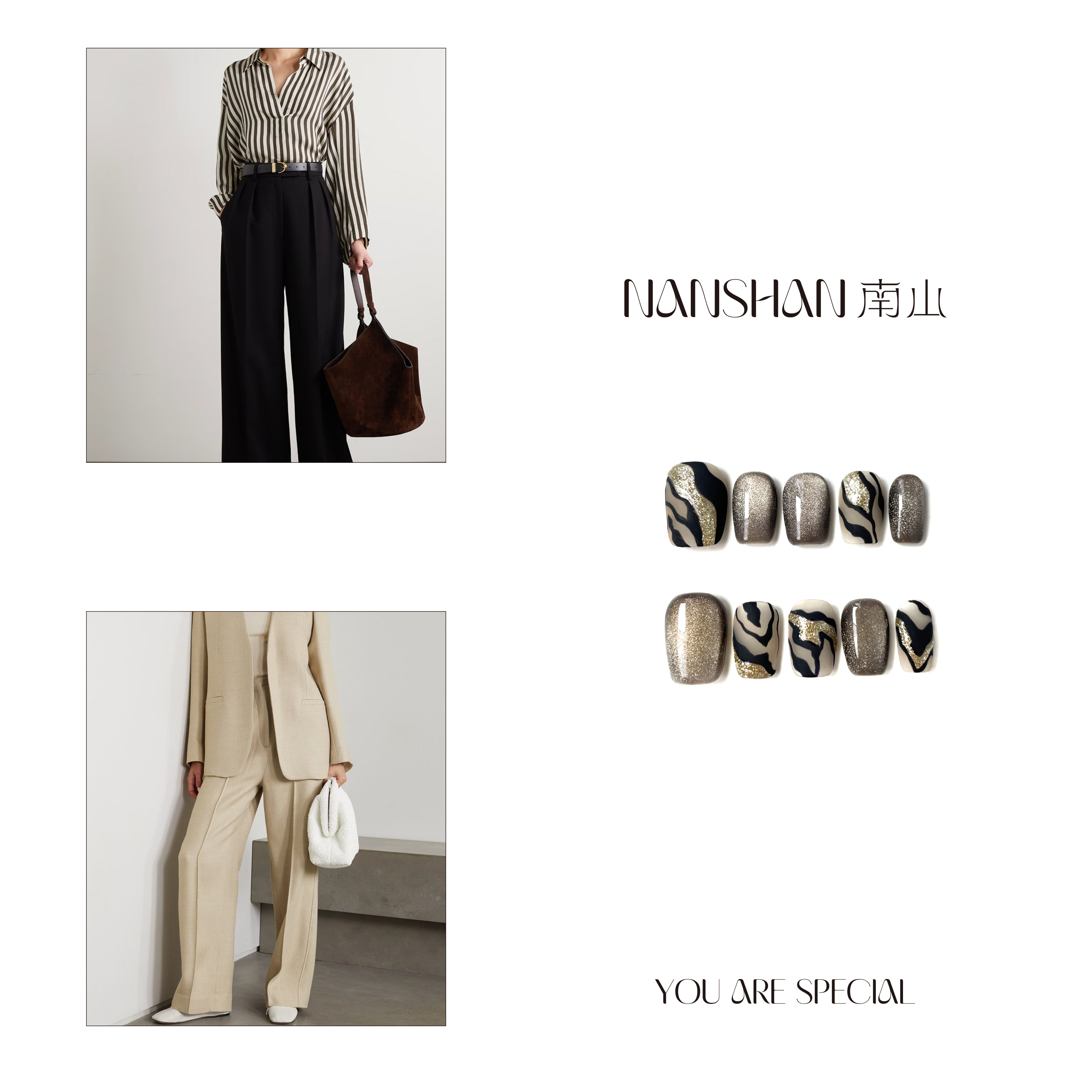 南山-【 缎纹 】灰咖猫眼斑马彩绘手工穿戴甲冬季复古显白10片装