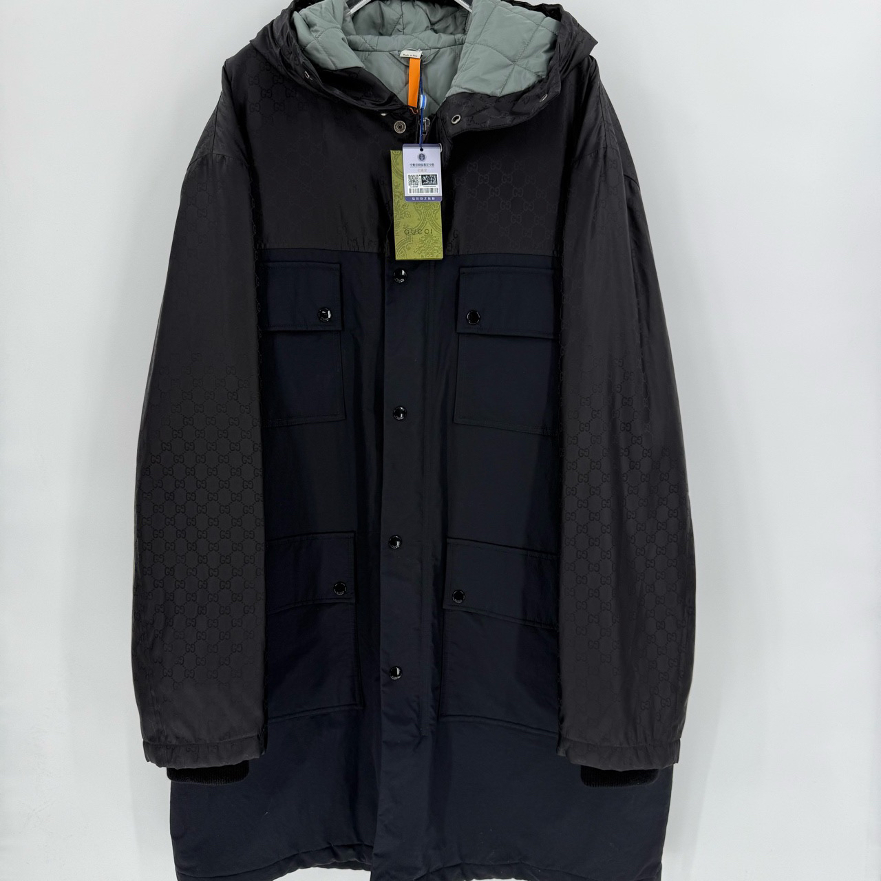 99新 GUCCI/古驰 黑色双G暗纹满印长款羽绒服/52码/Sw24528