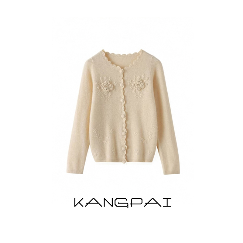 【花之舞~重工系列~手钩花】100%纯羊毛开衫圆领轻奢气质款打底毛衣