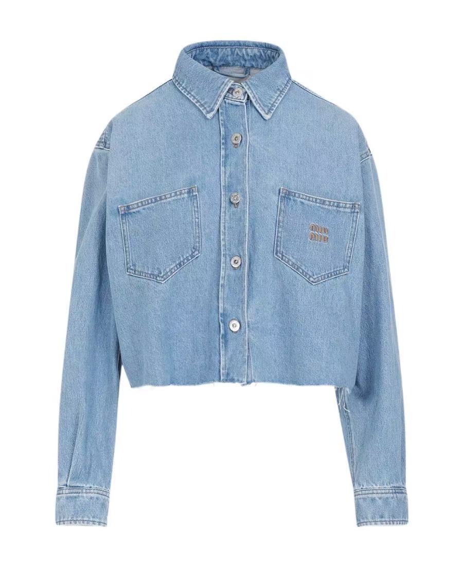 未使用 MIU MIU/缪缪 刺绣logo翻领毛边短款牛仔衬衫