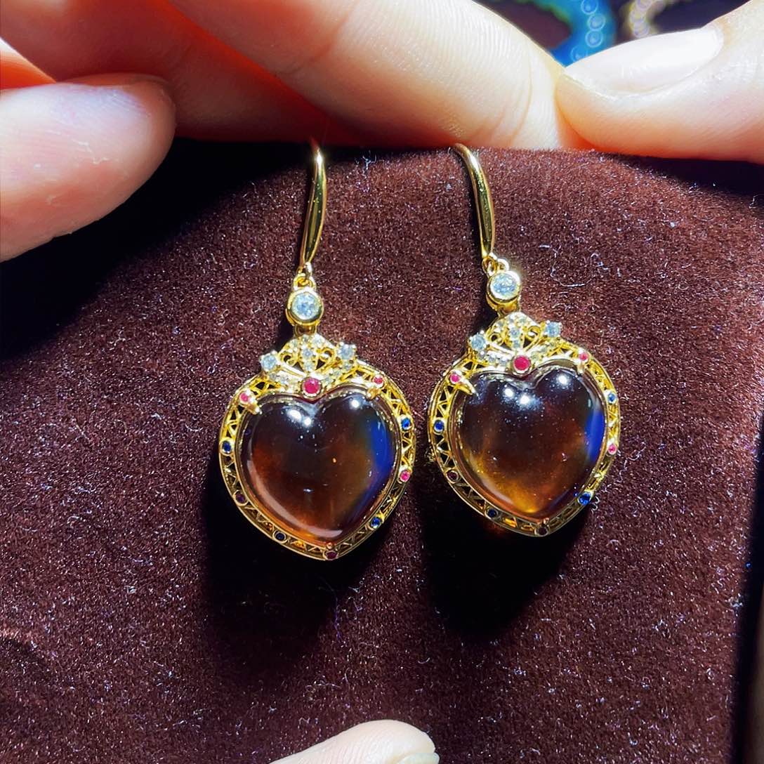 蓝珀裸石银S925镶嵌红蓝爱心耳勾