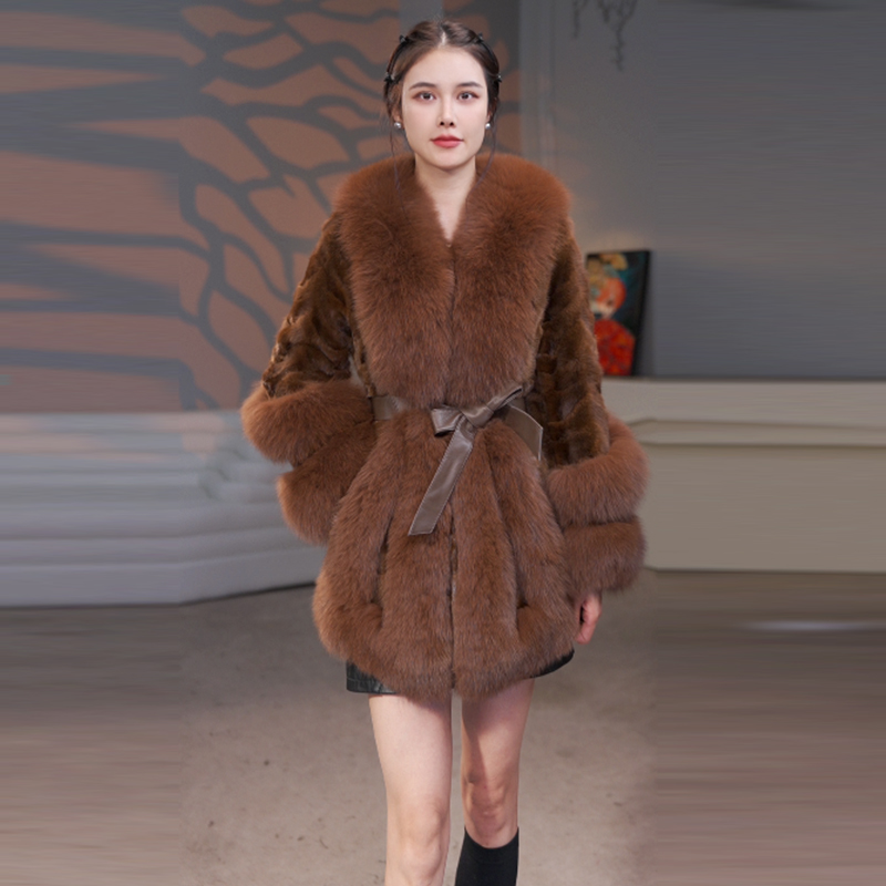 （水貂）2025反季冬季新款V领修身海宁貂毛皮草大衣女中长款水貂