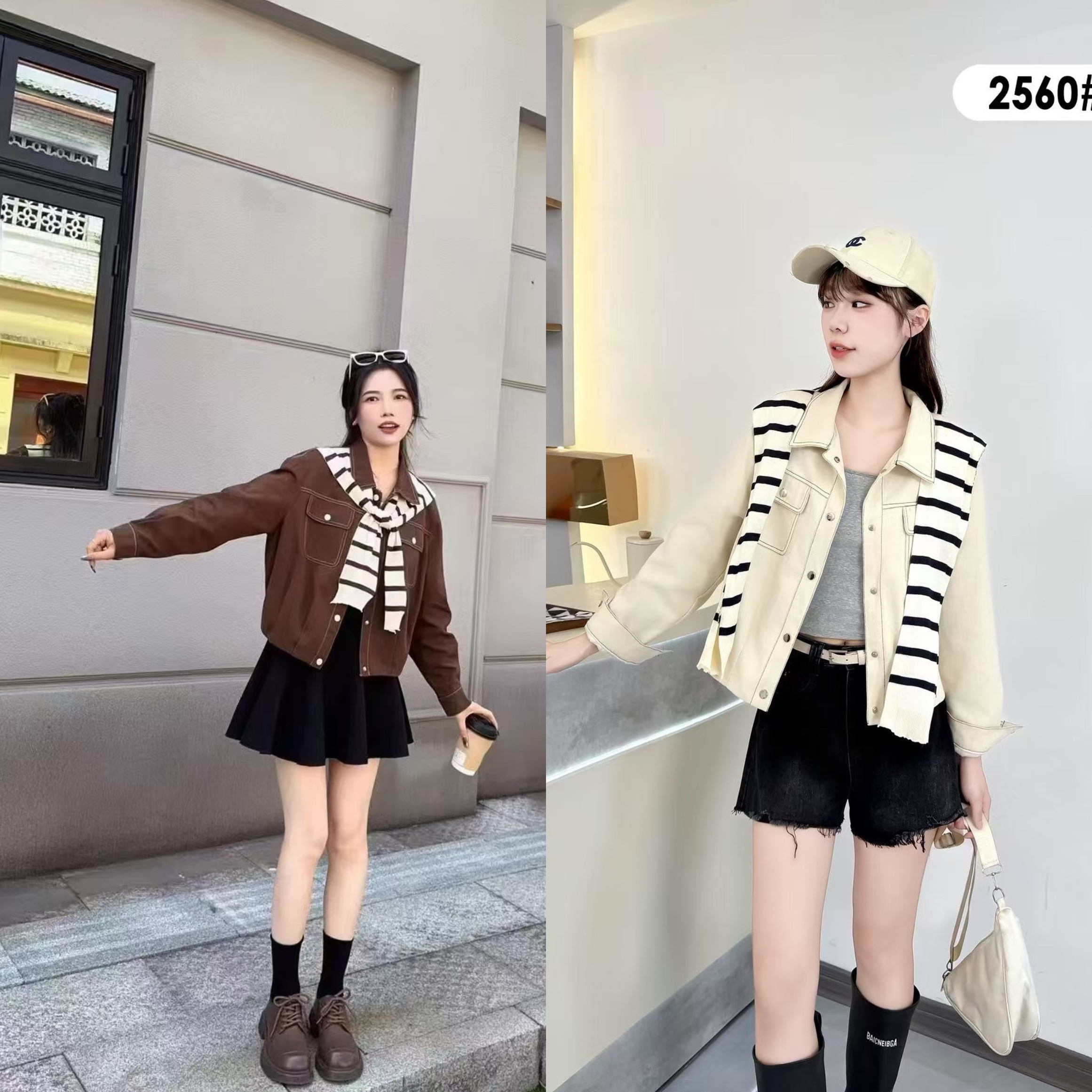 复古条纹披肩牛仔外套女2025春秋新款韩系学院风休闲百搭宽松上衣