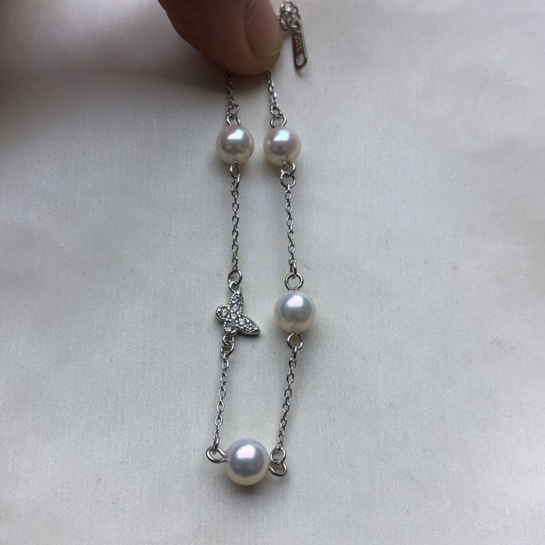 海水珍珠手链银S925镶嵌6-7akoya手链