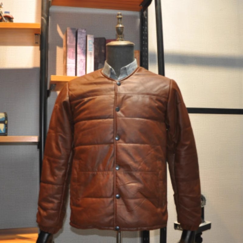 青岛皮衣冠希哥同款男装高级轻型羽绒棉服茄克弧形压线薄牛皮外套