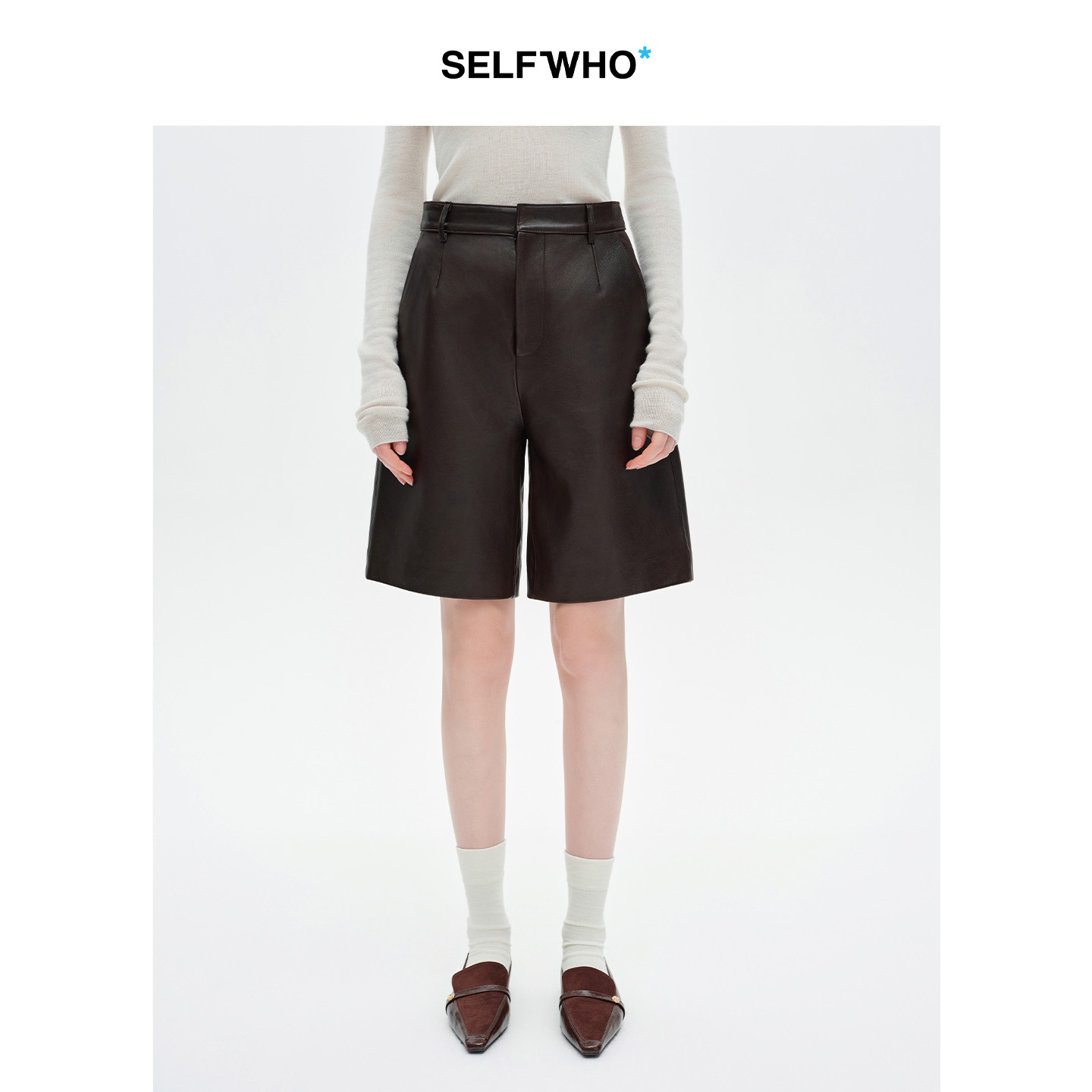 SELFWHO100%绵羊皮复古A字中短皮裤女2025冬季新款琥珀流光休闲裤