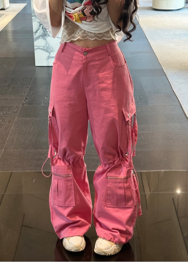 LILULU 韩国工装裤膝盖裤脚抽绳可两穿直筒高腰运动韩版宽松