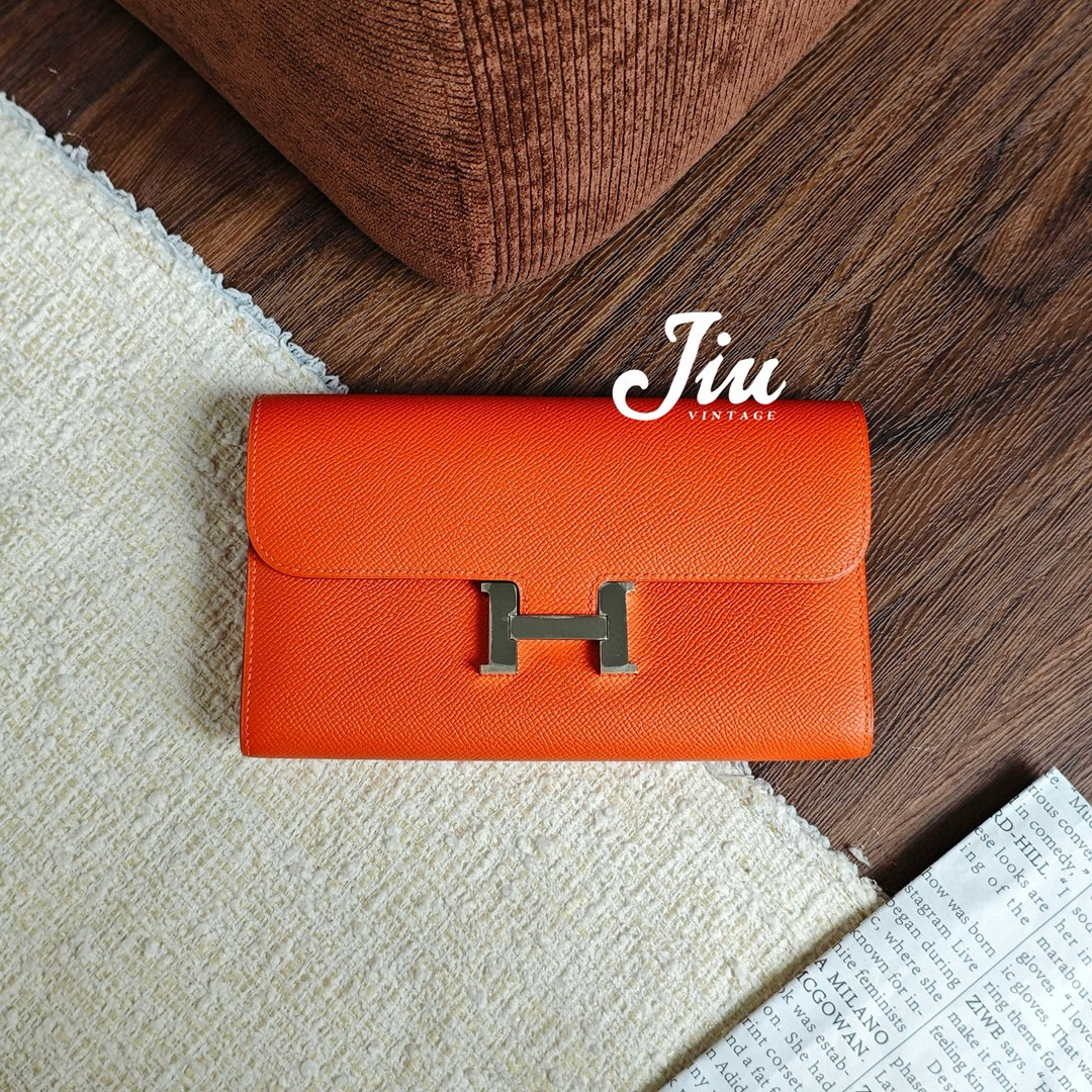 99新 Hermes/爱马仕 康康钱包橙色银扣 TH39-0073