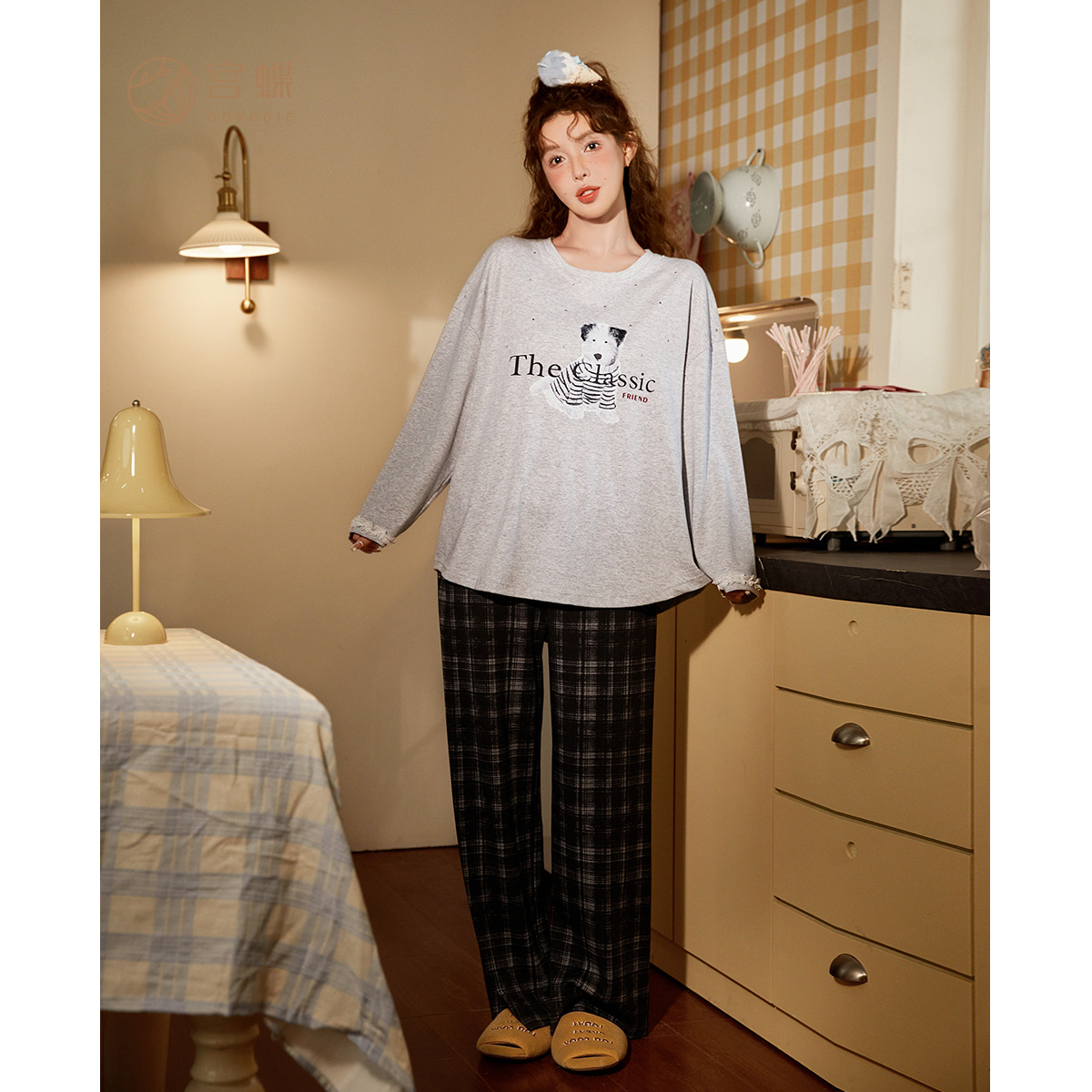 宫蝶【礼盒装】春秋睡衣女长袖休闲可外穿纯棉可爱卡通小狗家居服