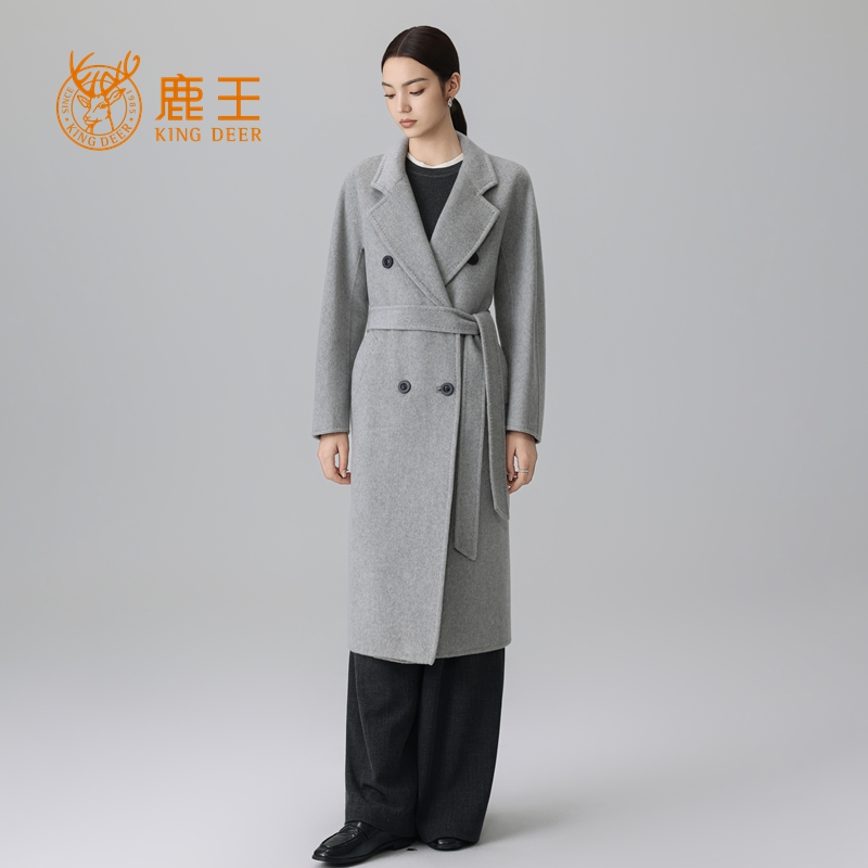 鹿王25秋冬新款女翻领100山羊绒双排扣系带长款大衣 加厚 YFL801