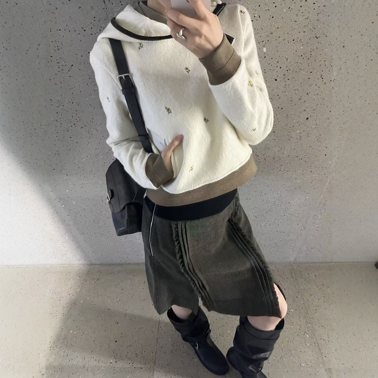 【Mar陈/斜边拉链连帽碎花卫衣】设计师品牌休闲女时髦连帽衫上衣