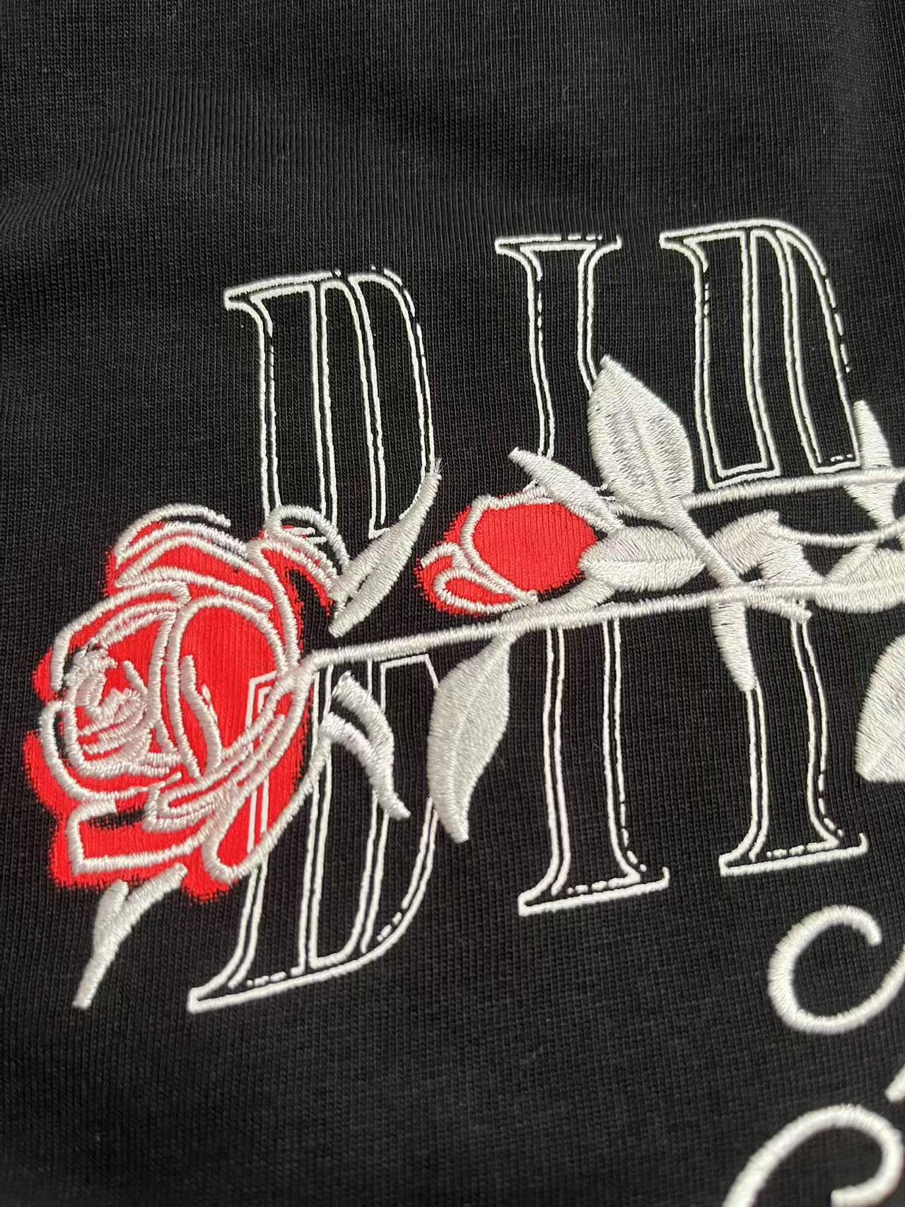  玫瑰大刺绣国潮纯棉圆领宽松T恤男女同款潮酷