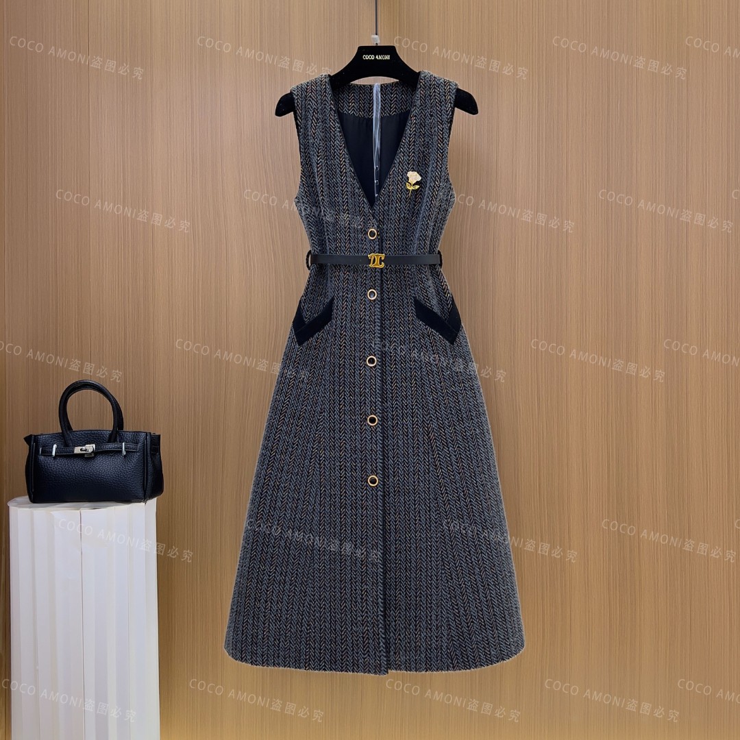 [曼姐]秋冬设计师爆款女装拼接收腰显瘦气质连衣裙WXH1108