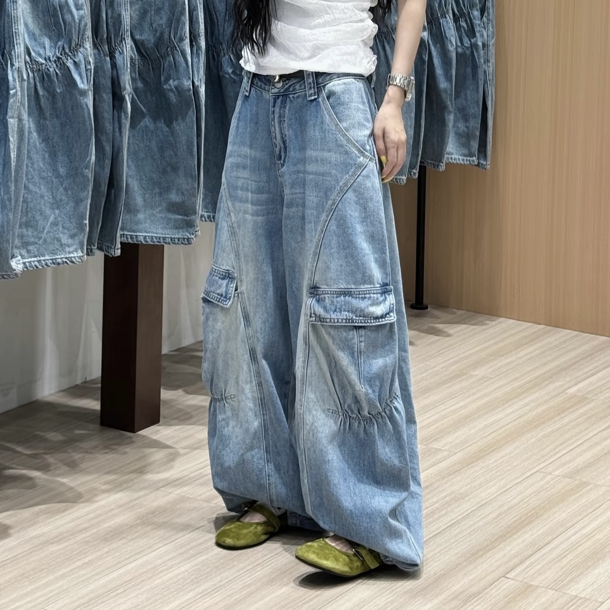 敏敏自留分享 荒野来信～美式工装口袋复古高腰宽松显瘦牛仔直筒裤