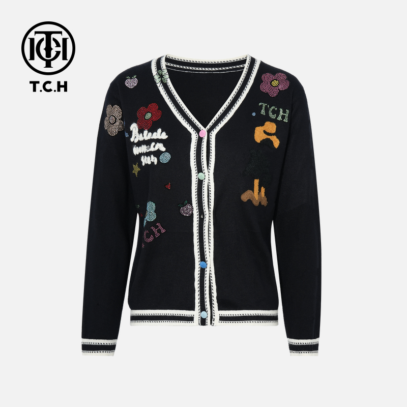 TCH私服秋款慵懒风烫钻时尚淑女黑色针织开衫T75C43E5063轻奢tch